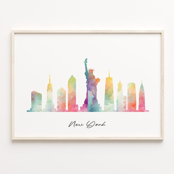New York Statue Of Liberty Watercolor Skyline Cityscape Poster