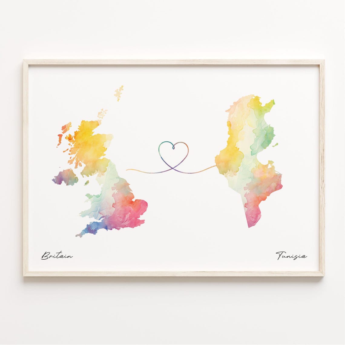 Britain Tunisia Watercolor Map Print Heart Connection Gift Artwork