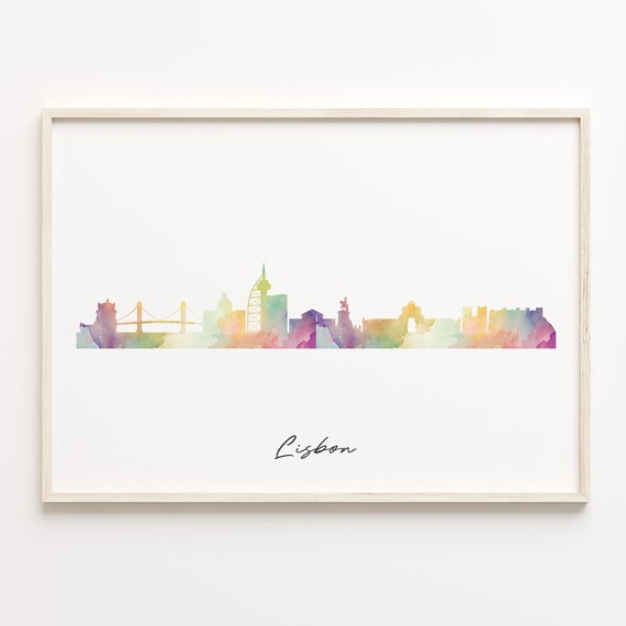 Lisbon Portugal Colorful Watercolor Cityscape Skyline Travel Art Poster