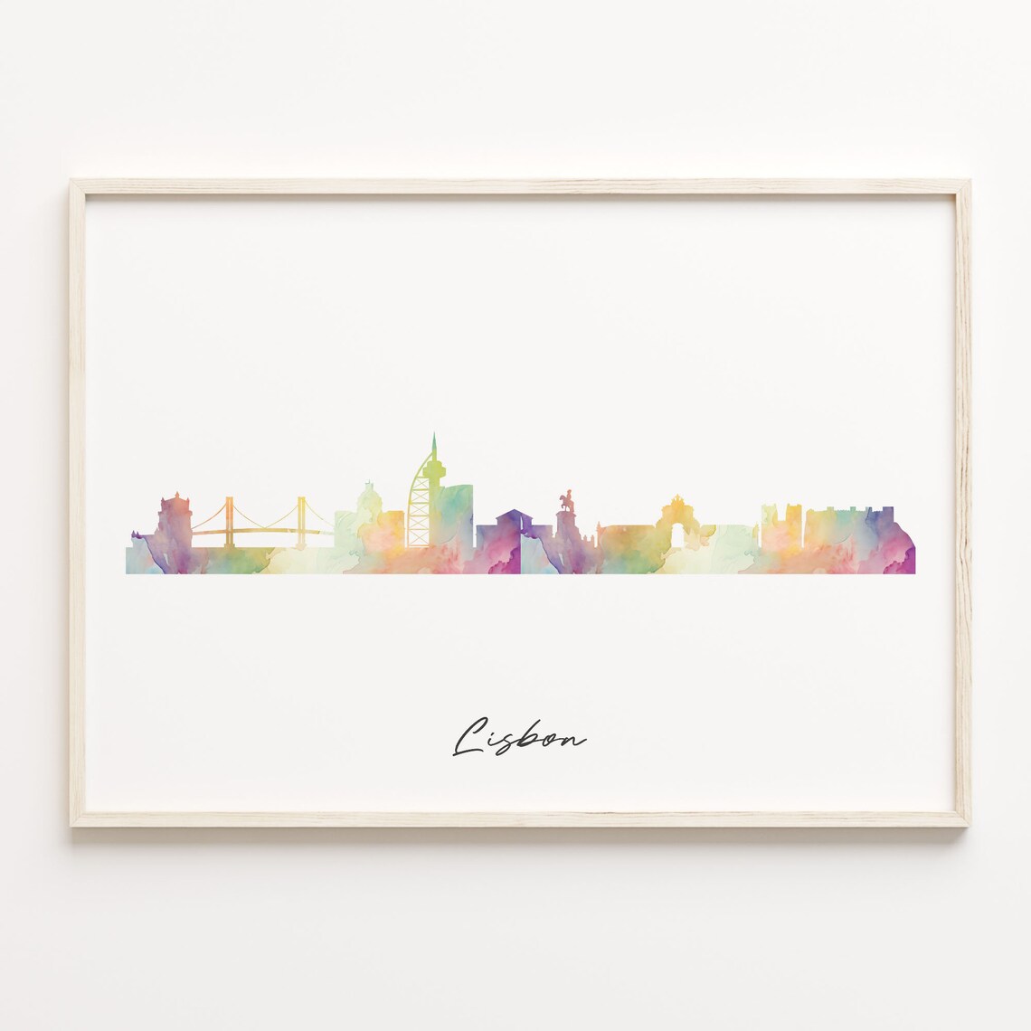 Lisbon Portugal Colorful Watercolor Cityscape Skyline Travel Art Poster