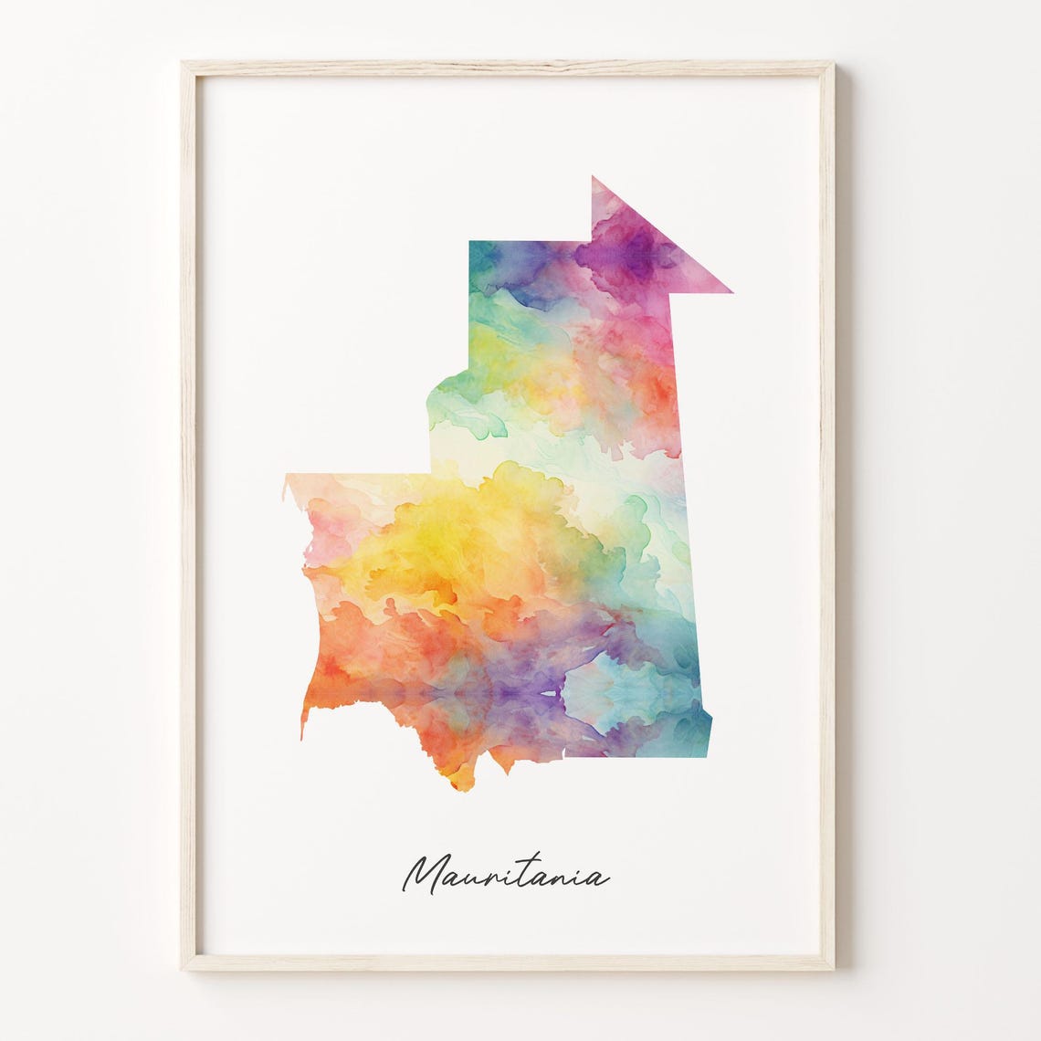 Mauritania Watercolor Map Rainbow Script Minimalist Country Wall Art