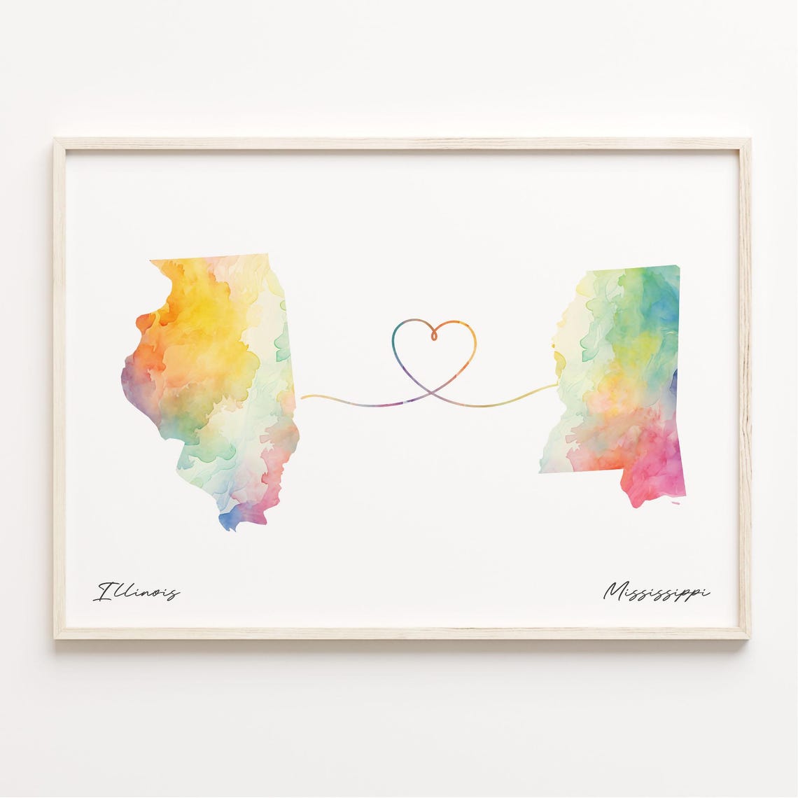 Illinois to Mississippi Watercolor Heart Map Long Distance Poster