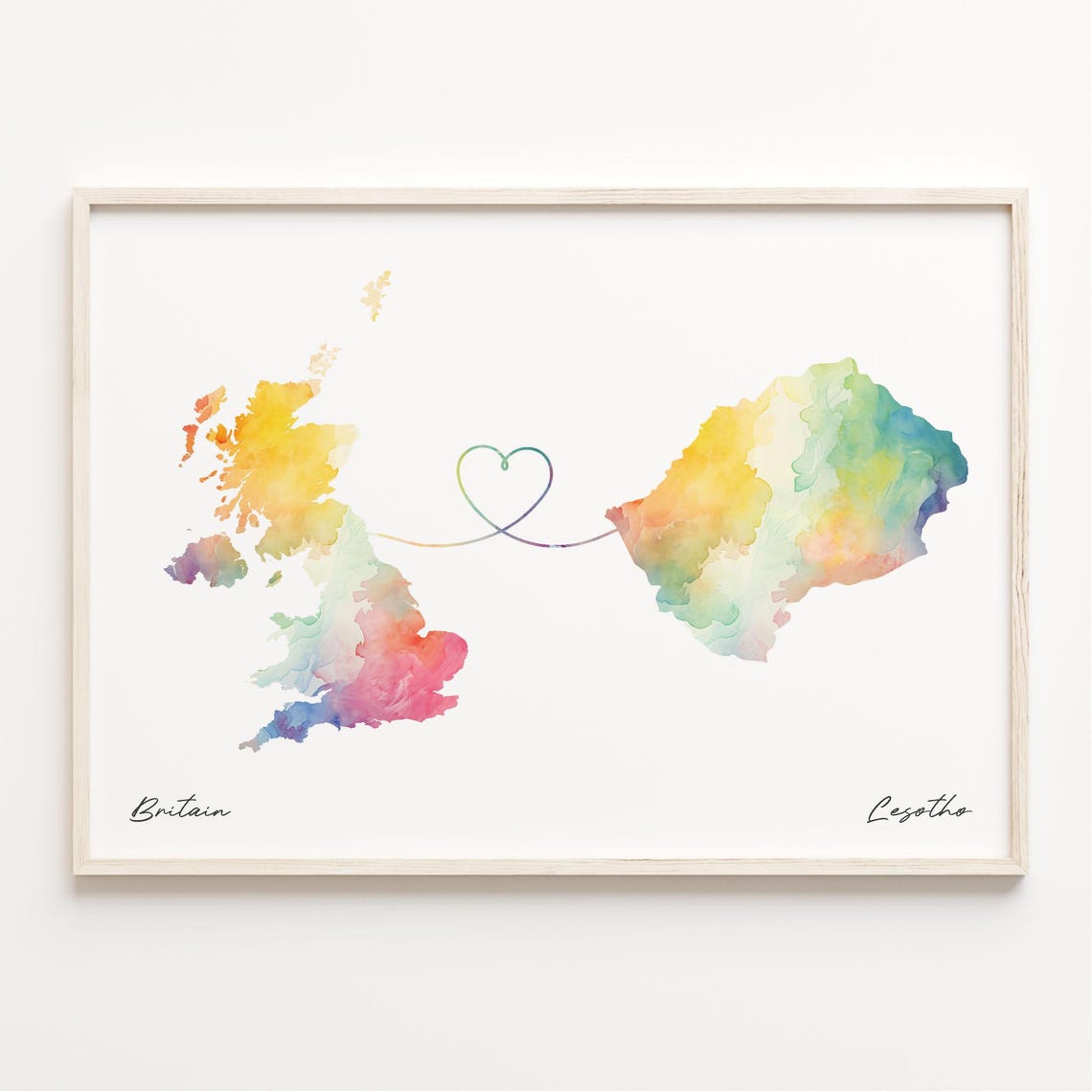 Britain To Lesotho Watercolor Map Print Heart Line Moving Away Gift