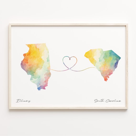 Illinois to South Carolina Watercolor Heart Map Long Distance Print