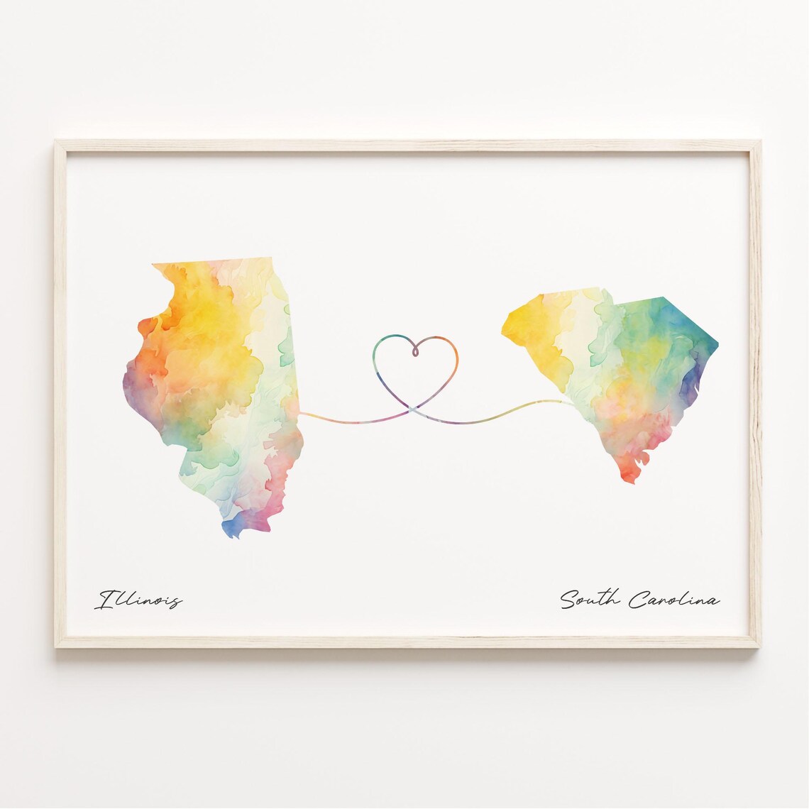 Illinois to South Carolina Watercolor Heart Map Long Distance Print