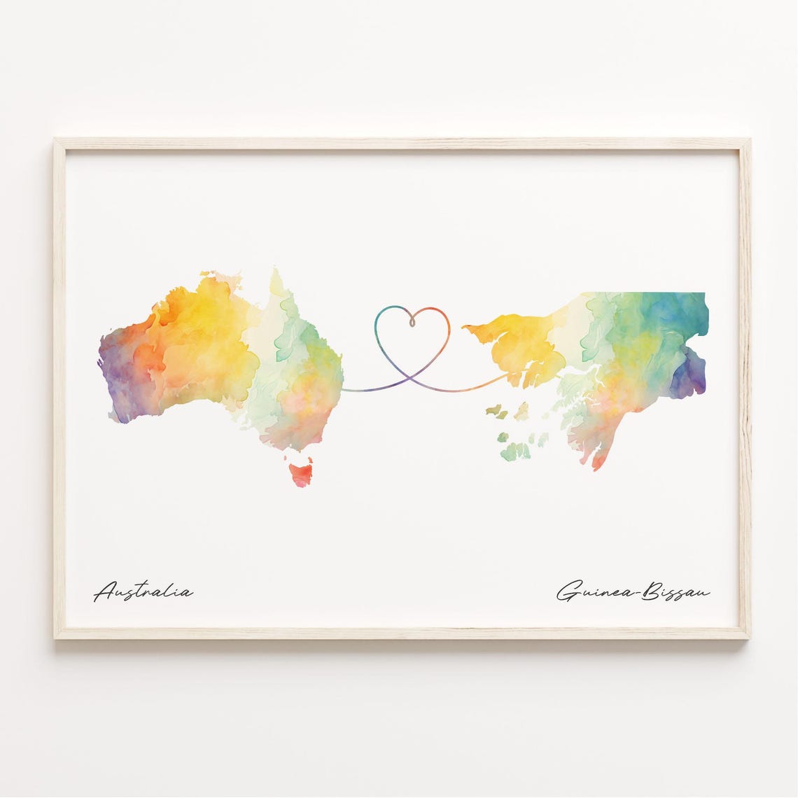Australia to Guinea-Bissau Watercolor Heart Map Connection Poster