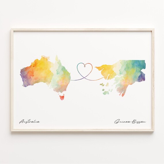 Australia to Guinea-Bissau Watercolor Heart Map Connection Poster