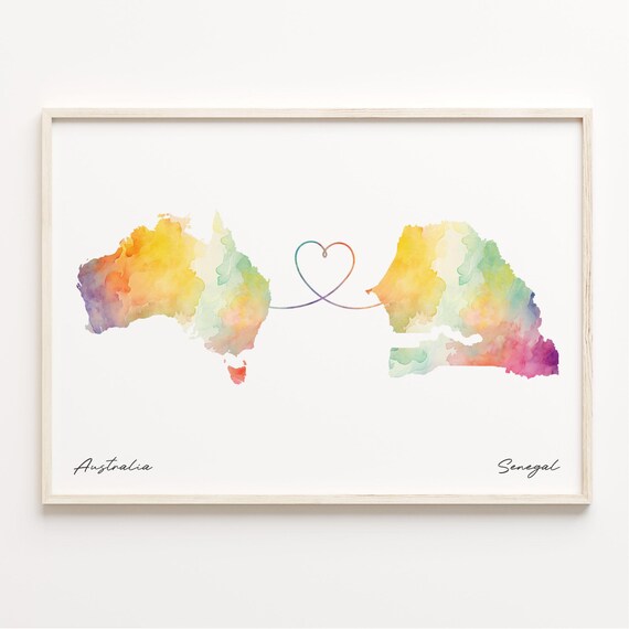 Australia To Senegal Watercolor Map Heart Study Abroad Gift Poster