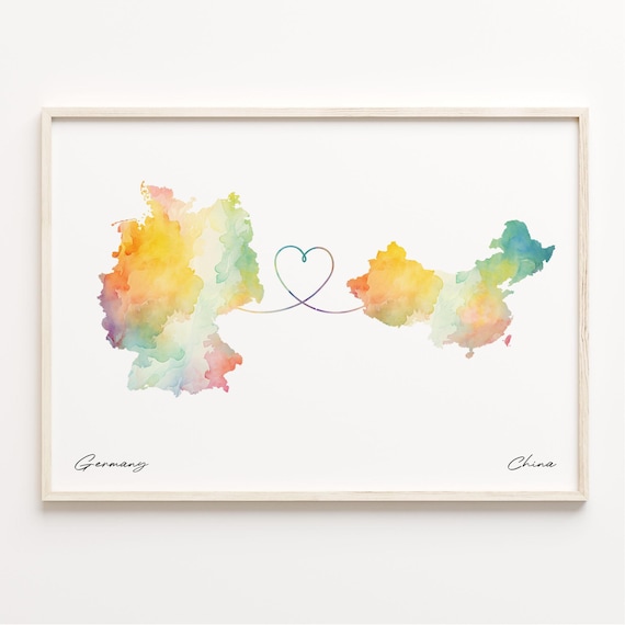 Germany to China Romantic Watercolor Map Heart Connection Poster