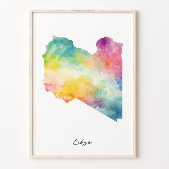 Libya Watercolor Country Map Poster in Vibrant Rainbow Pastel Hues