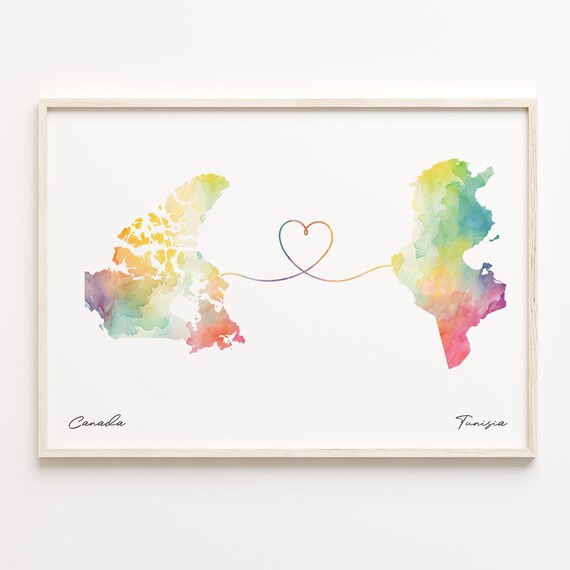 Canada To Tunisia Watercolor Map Heart Long Distance Love Poster