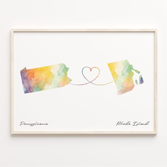 Pennsylvania to Rhode Island Watercolor Map Heart Connection Art Poster