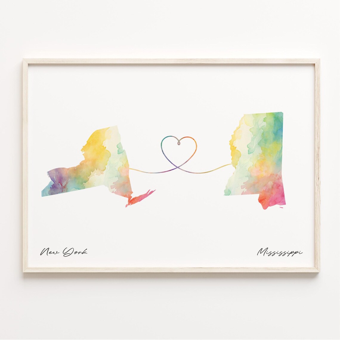 New York To Mississippi Watercolor State Map Connection Art Print