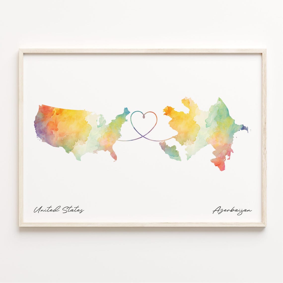 United States To Azerbaijan Watercolor Map Poster Long Distance Gift