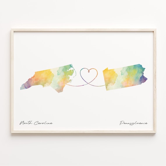 North Carolina To Pennsylvania Watercolor Heart Map Love Poster