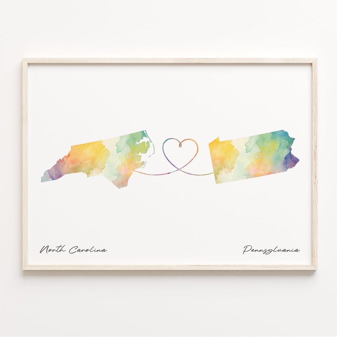 North Carolina To Pennsylvania Watercolor Heart Map Love Poster