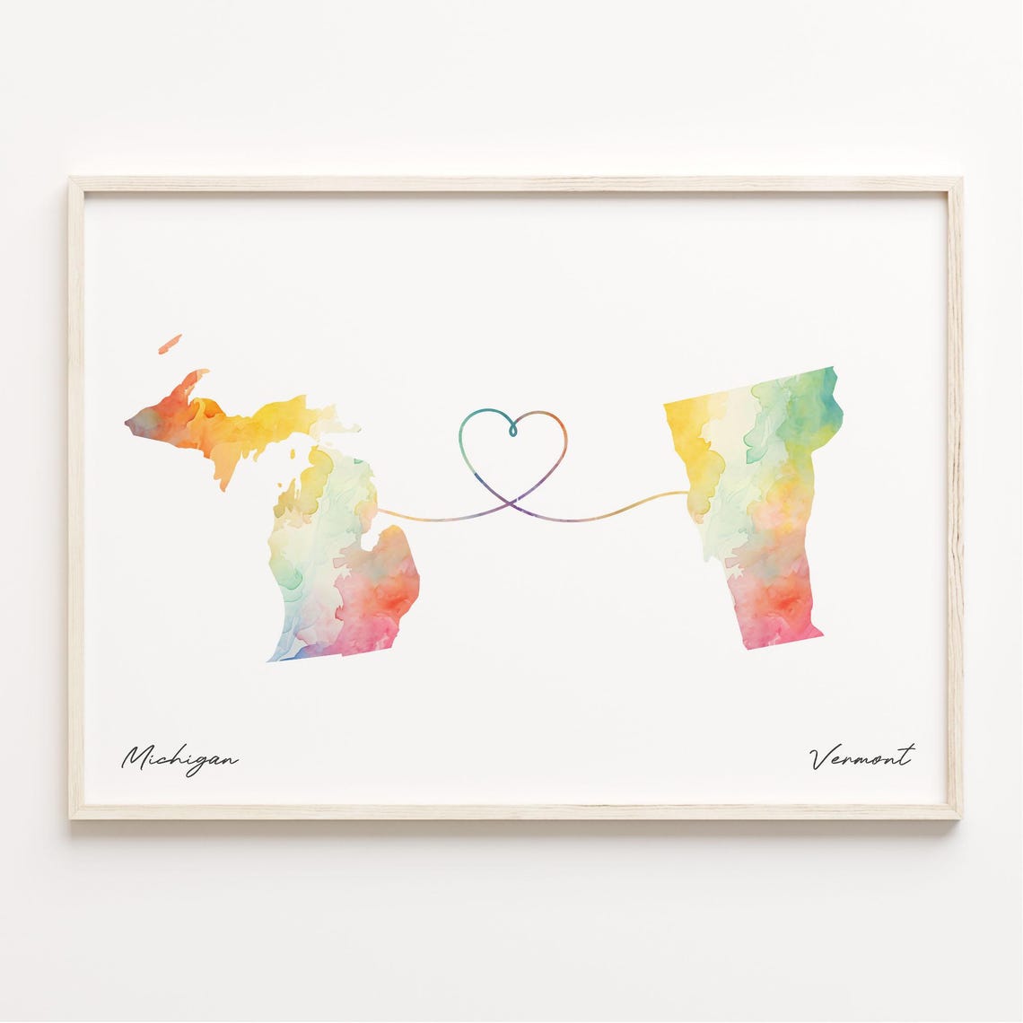 Michigan Vermont Watercolor Map Long Distance Heart Connection Poster