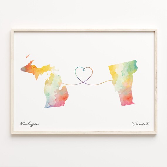 Michigan Vermont Watercolor Map Long Distance Heart Connection Poster