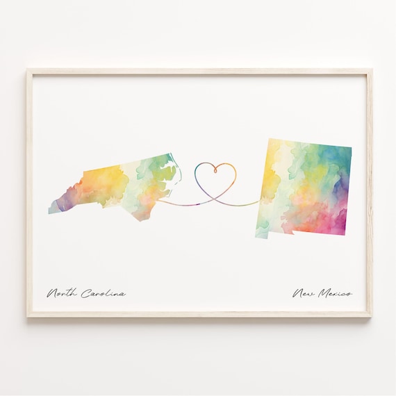 North Carolina to New Mexico Watercolor Heart Map Gift Poster