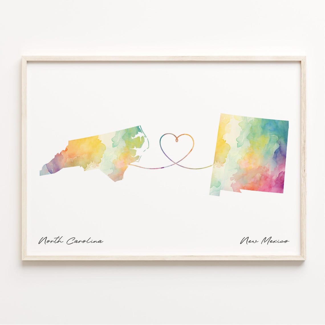 North Carolina to New Mexico Watercolor Heart Map Gift Poster