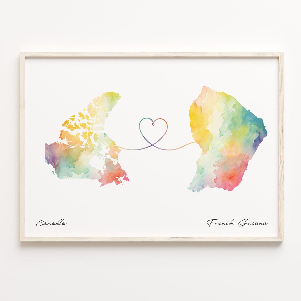Canada to French Guiana Watercolor Map Poster Heart Line Distance Gift