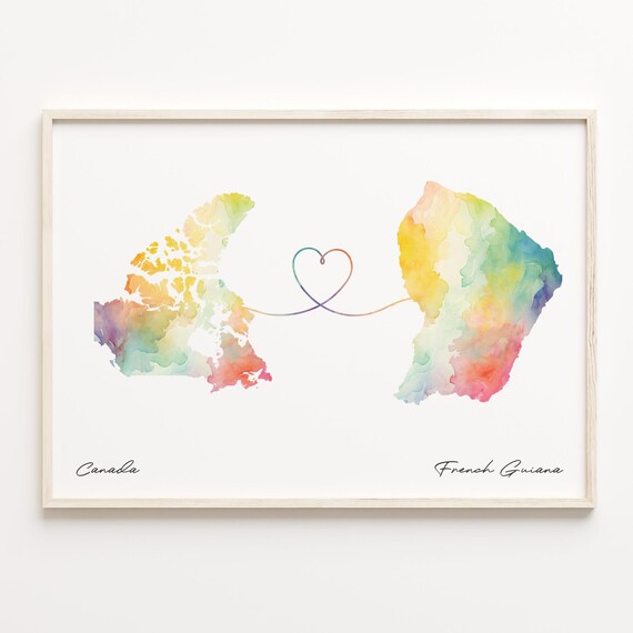 Canada to French Guiana Watercolor Map Poster Heart Line Distance Gift