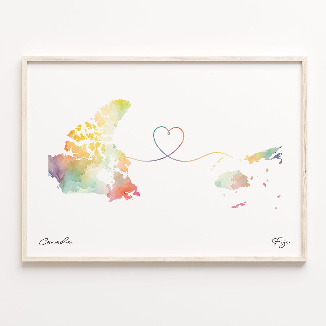 Canada To Fiji Watercolor Heart Map Long Distance Love Wall Art