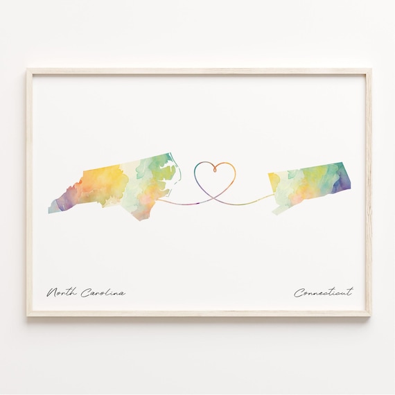 North Carolina To Connecticut Watercolor Heart Map Long Distance Poster