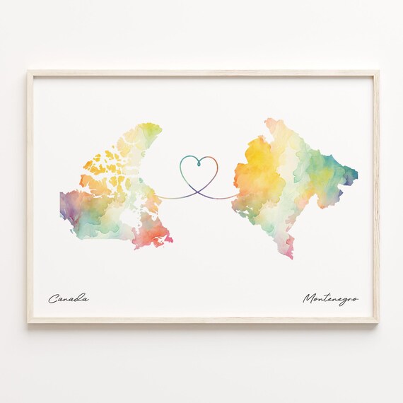 Canada to Montenegro Rainbow Watercolor Heart Map Connection Print