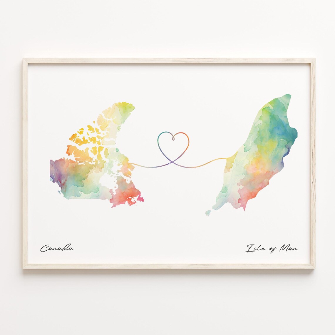Canada to Isle of Man Watercolor Heart Map Romantic Love Print