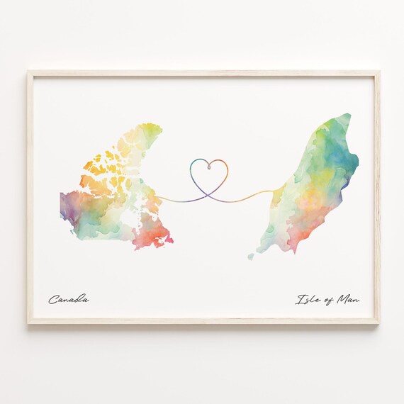 Canada to Isle of Man Watercolor Heart Map Romantic Love Print