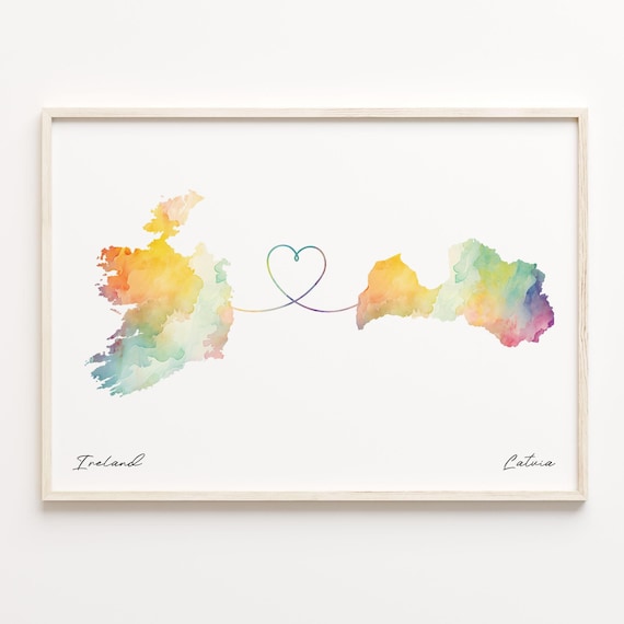 Ireland To Latvia Watercolor Countries Heart Map Connection Art Print