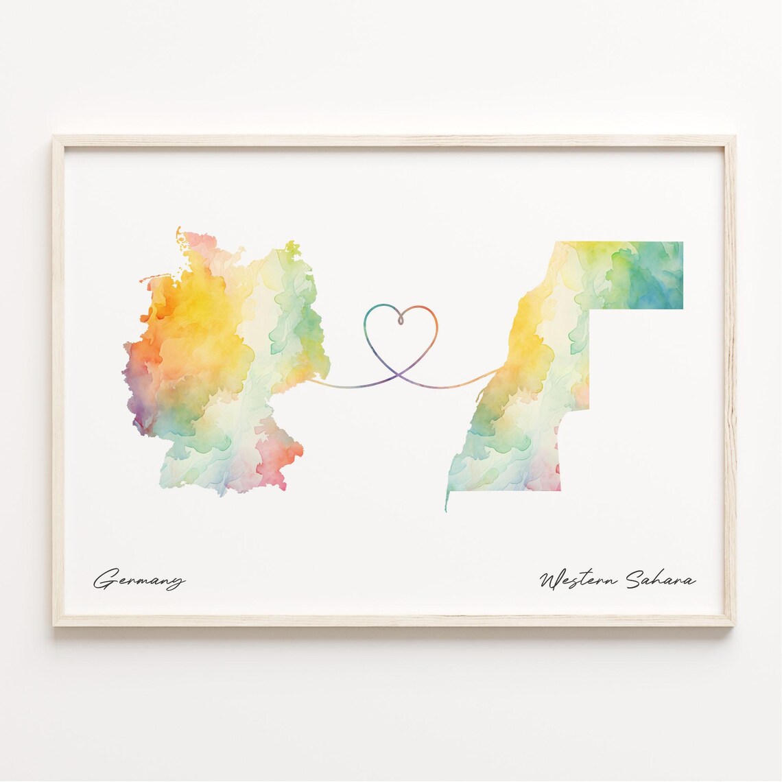 Germany Western Sahara Watercolor Heart Map Long Distance Gift Wall Art