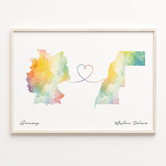 Germany Western Sahara Watercolor Heart Map Long Distance Gift Wall Art