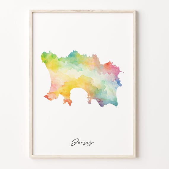Jersey Watercolor Map Print Vibrant Art Poster Je Colorful Country Wall Splashed Color C2692