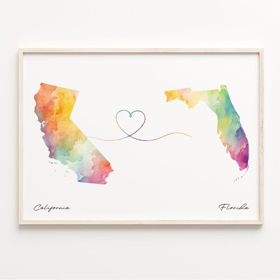 California To Florida Watercolor Heart Map Connection Poster