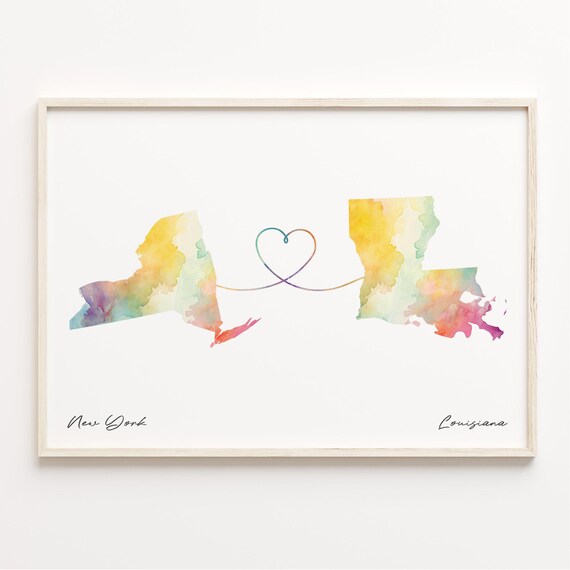 New York and Louisiana Watercolor Map Heart Long Distance Art Print