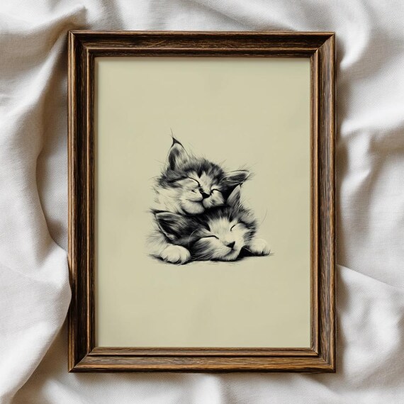 Two Sleeping Kittens Cuddled Together Pencil Sketch Art Print