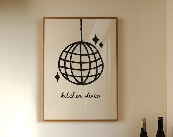Kitchen Disco Ball Line Drawing Minimalist Black Cream Wall Art