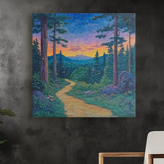 Mystical Twilight Forest Colored Pencil Drawing Towering Trees Blue Purple Shadows Glowing Fireflies Enchanted Nature Canvas Wall Art