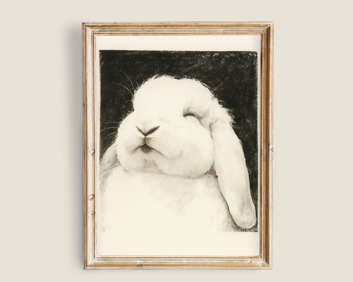 Sleeping White Bunny Lop Ears Monochrome Sketch Nursery Wall Art Poster - Image 2