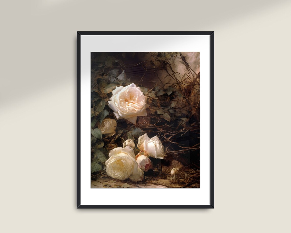 Moody Flower Vintage Painting, Dark Botanical Decor - Image 2