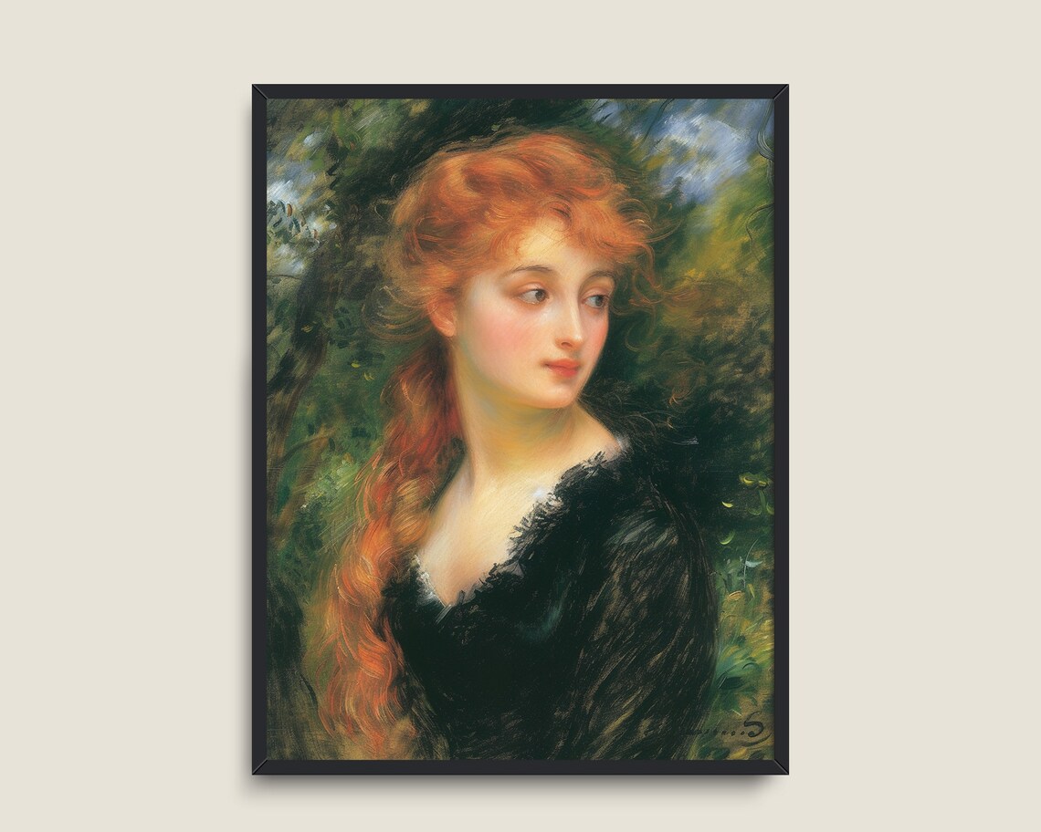 Red Haired Woman Portrait In Black Dress Vintage Oil Painting Print - Image 3