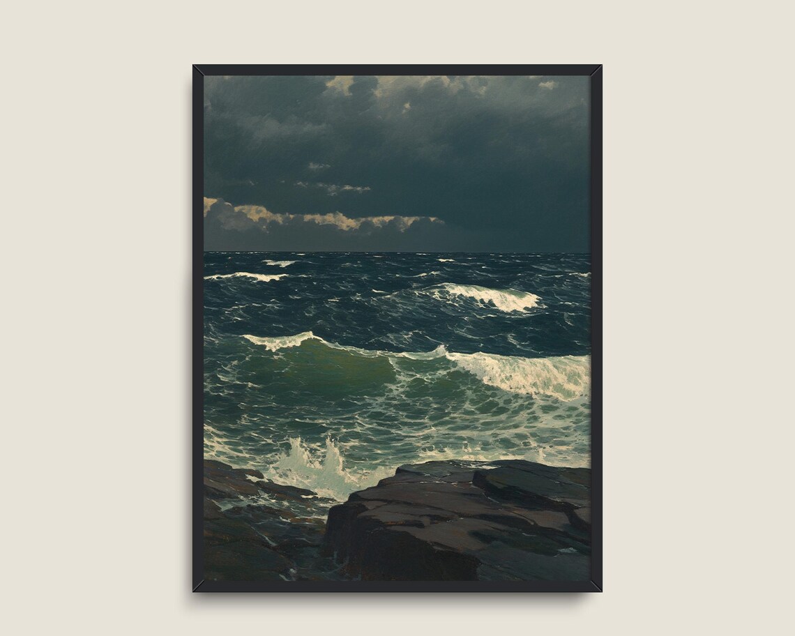 Dark Moody Seascape Storm Waves Rocky Coast Vintage Ocean Wall Art - Image 3
