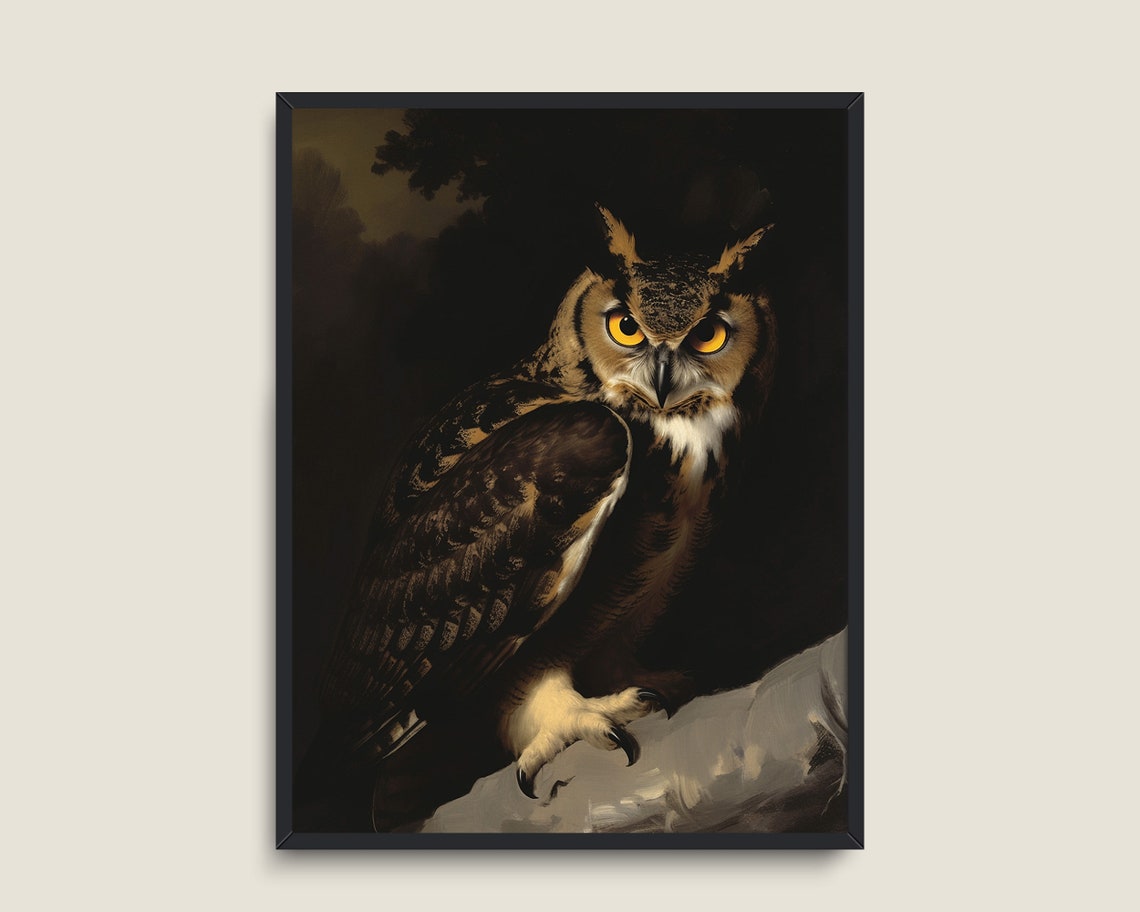Great Horned Owl Amber Eyes Dark Forest Perch Moody Wildlife Print - Image 3