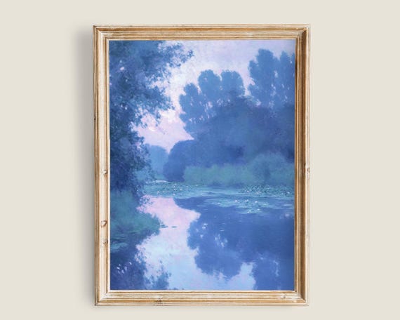 Water Lilies Painting Purple Aesthetic Wall Art Blue Landscape Print Vintage Art Botanical Prints