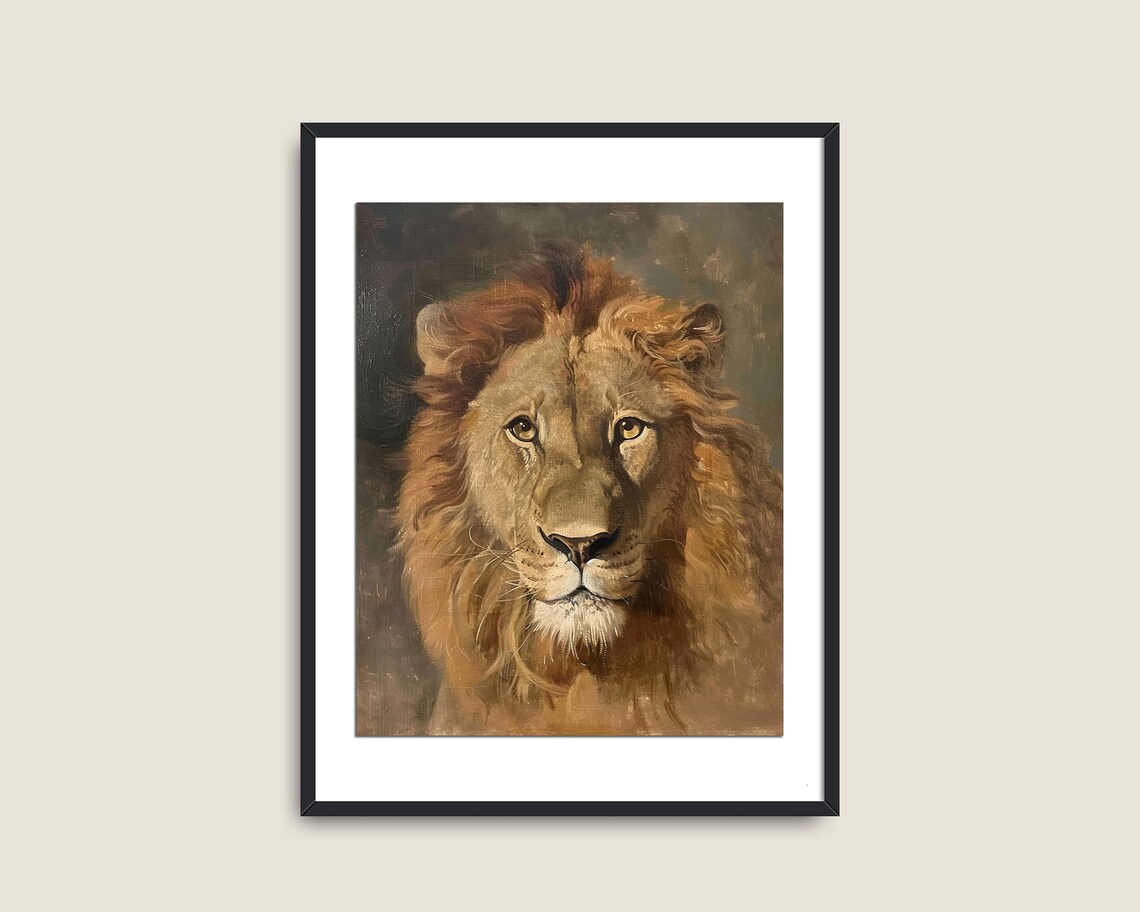 Majestic Lion Portrait Vintage Oil Painting Golden Mane Wall Print - Image 2