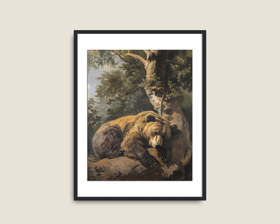Brown Bear Resting Forest Tree Vintage Oil Painting Wildlife Art Poster - Image 2