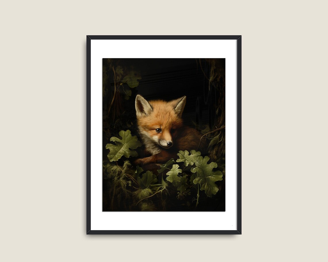 Baby Fox Cub Dark Woodland Moody Wildlife Painting Green Shadow Animal Art Poster - Image 2
