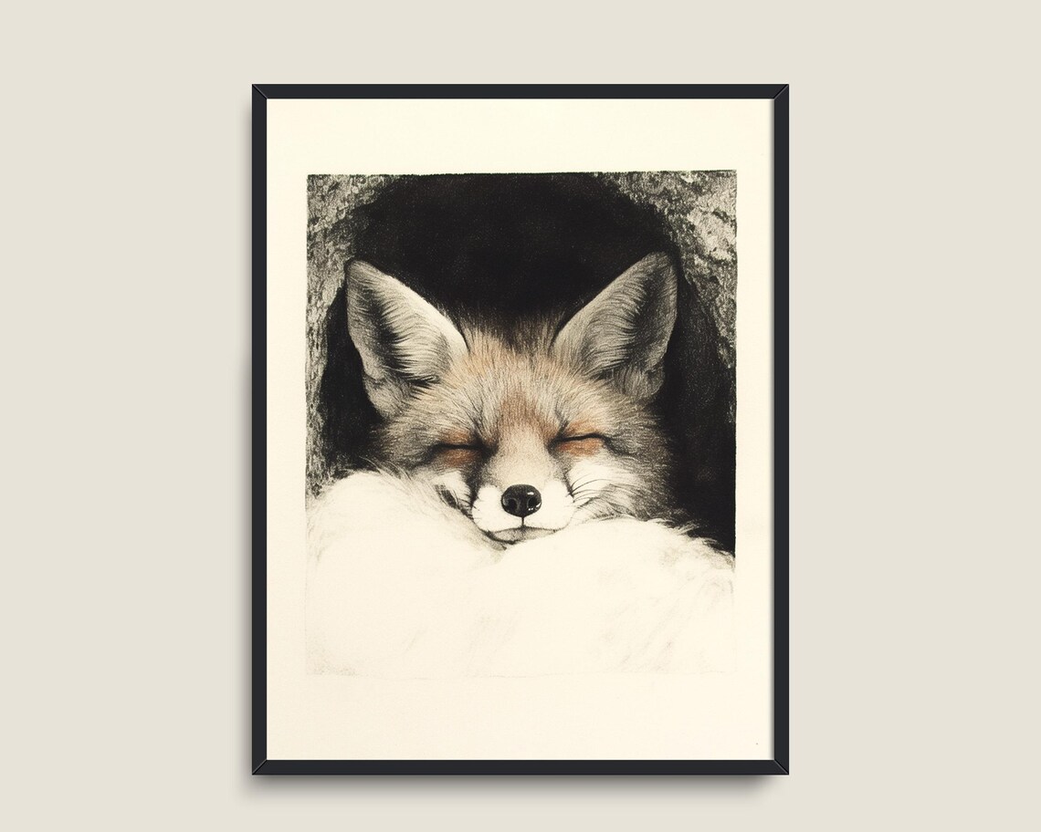 Sleeping Red Fox Curled Tail Vintage Monochrome Sketch Wildlife Art Poster - Image 2